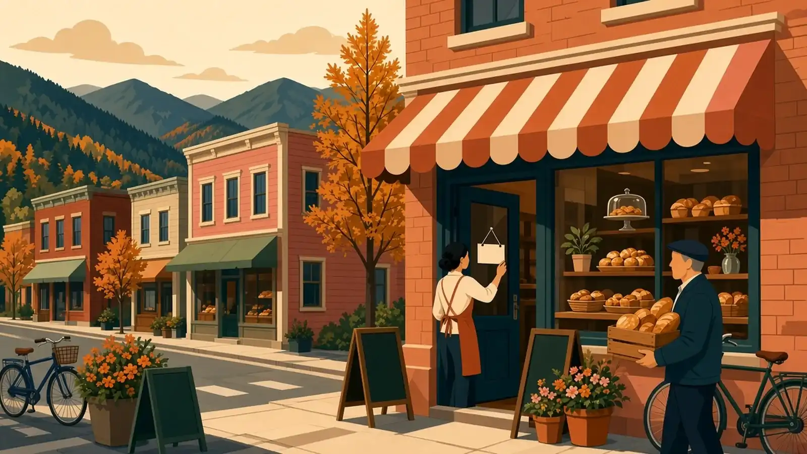 Illustration of a small business owner at a shop counter in a Canadian town with mountains in the background