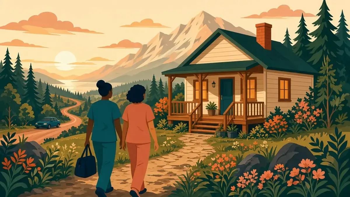 Illustration of two health care workers in scrubs walking on a stone path toward a wooden house, with forest and mountains behind them