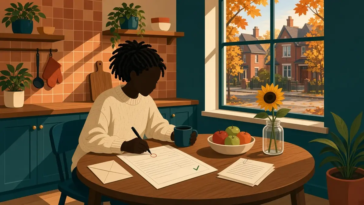 Illustration of a person at a kitchen table checking a form with a pen, next to an envelope and papers, with autumn trees outside the window