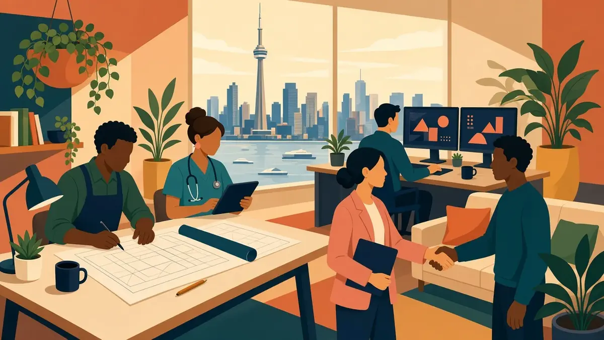 Illustration of a professional reviewing a job offer letter next to a calendar page and a points score