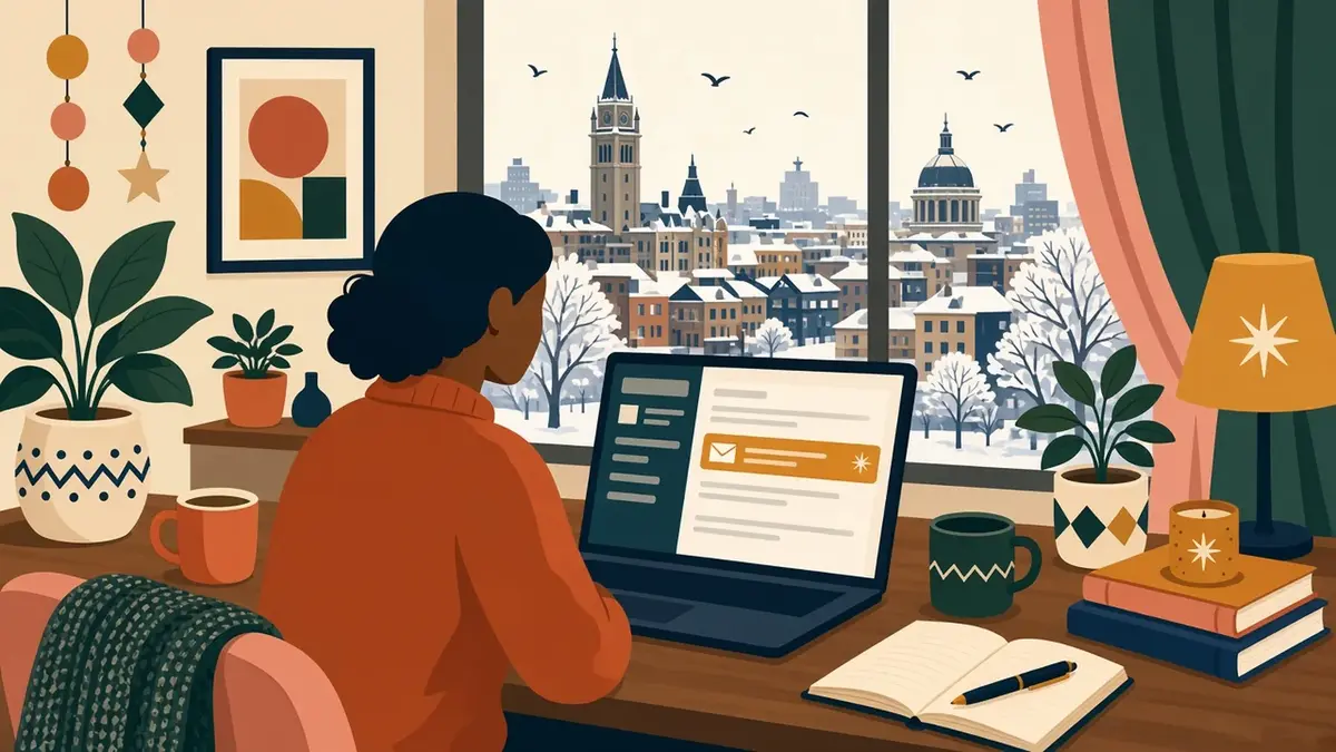 Illustration of a person at a desk looking at a laptop with an email notification, with a winter city view through the window