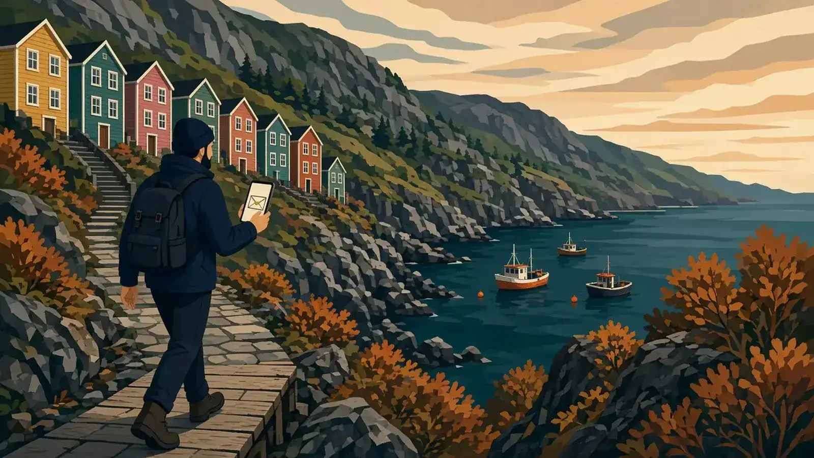 Illustration of a hiker with a backpack on a stone path above a harbour with fishing boats, checking an email on a phone, with colourful wooden houses on the hillside in autumn