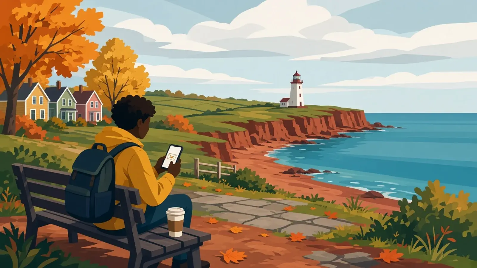 Illustration of a person on a bench by the red cliffs of Prince Edward Island, checking a phone with an email icon, with a lighthouse and autumn trees behind