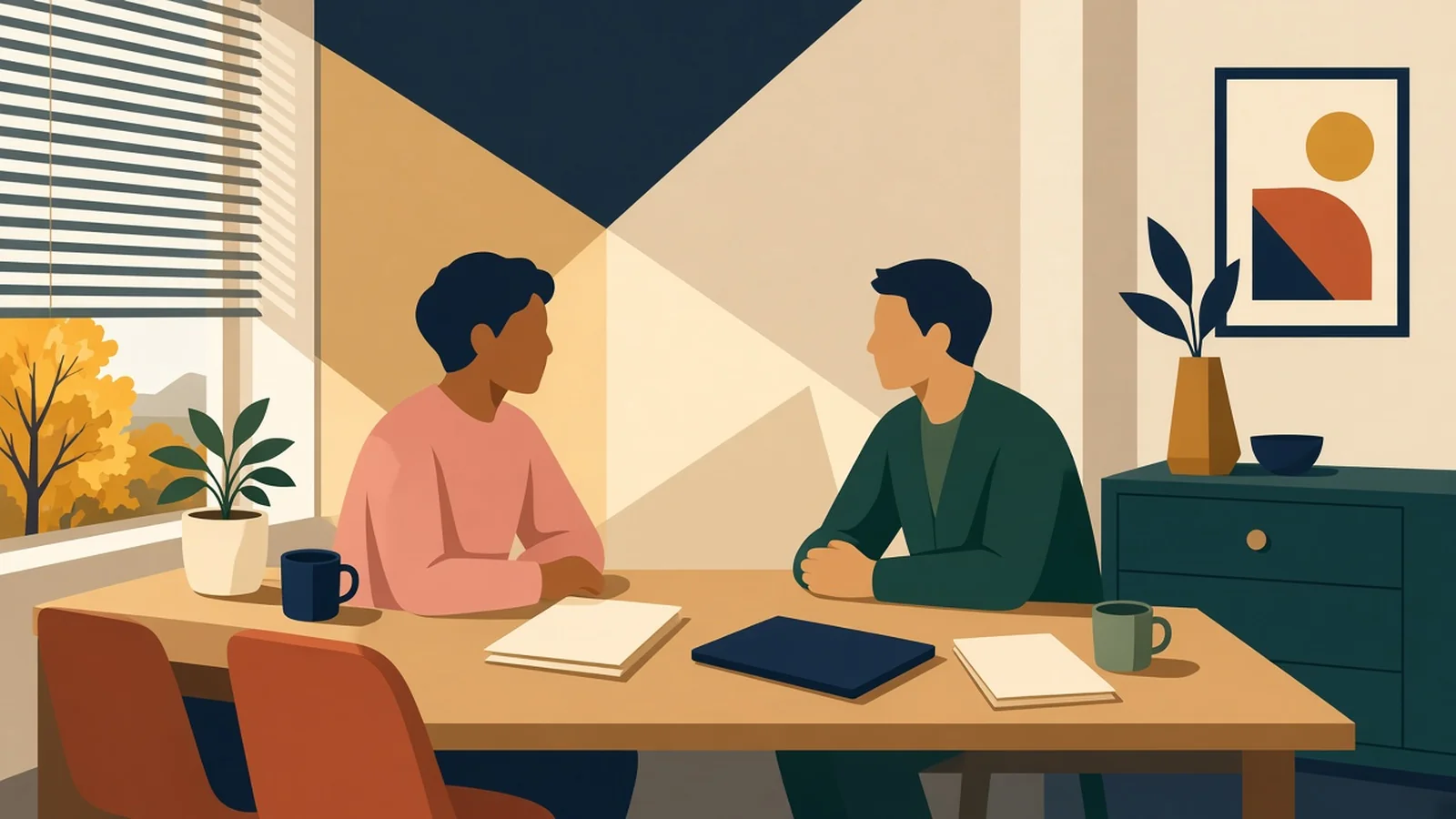Newcomer and colleague reviewing job-offer paperwork across a desk in a warm Canadian office